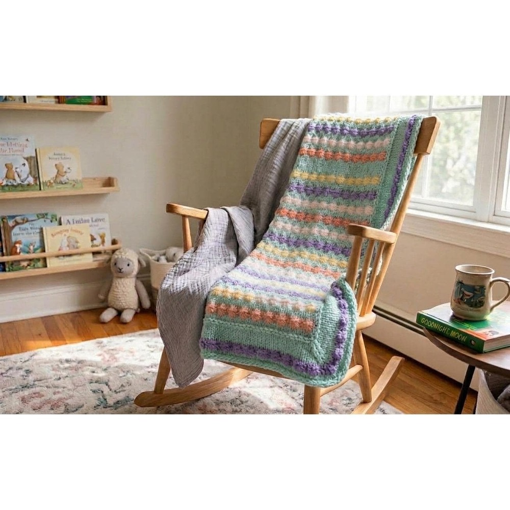 Vintage Handmade Pastel Daisy Star Stitch Knit Baby Blanket Blanket
